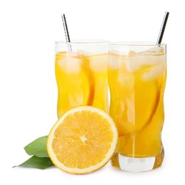 Delicious orange soda water and fresh fruit on white background