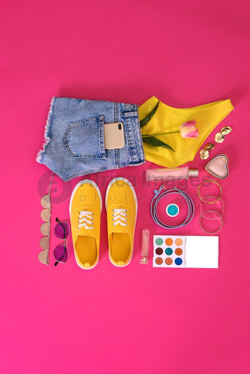 Flat lay composition with stylish summer clothes and accessories on ...