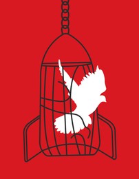 Illustration of Prevent nuclear war. White dove as symbol of peace breaking out of atomic weapon shaped cage on red background, illustration