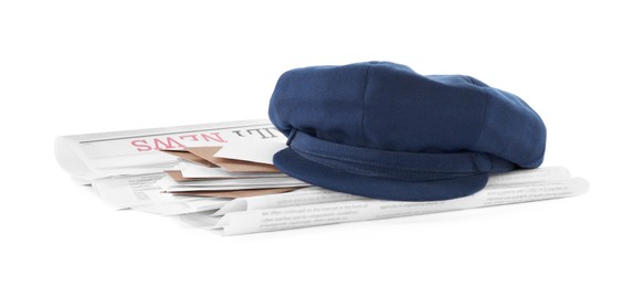 Postman hat, newspapers and mails on white background