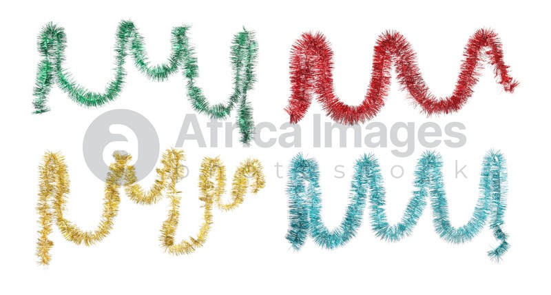 Set with different shiny tinsels on white background, banner design. Christmas decoration