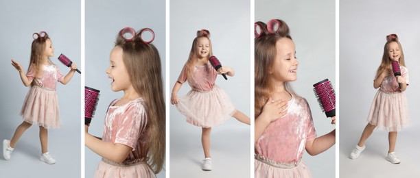 Collage with photos of funny little girl singing on light grey background. Banner design