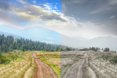 Choosing way. Landscape with different roads in mountains, collage 