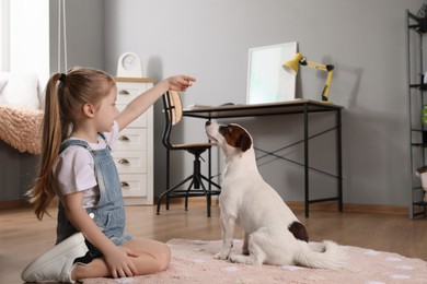 Photo of Cute little girl playing with her dog at home. Childhood pet
