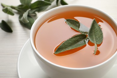 Cup of aromatic sage tea with fresh leaves on white table, closeup