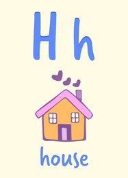 Learning English alphabet. Card with letter H and house, illustration