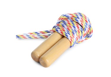Colorful skipping rope with wooden handles isolated on white