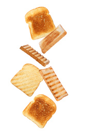 Tasty toasts falling on white background 