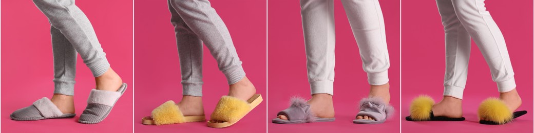 Image of Collage with photos of women wearing stylish slippers on pink background, closeup. Banner design