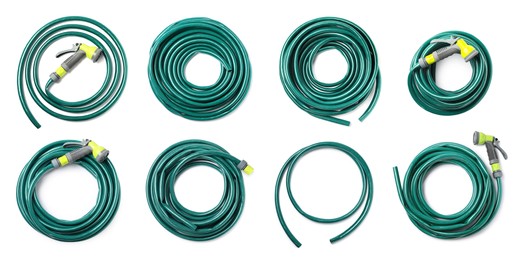 Set with green rubber watering hoses on white background, top view. Banner design