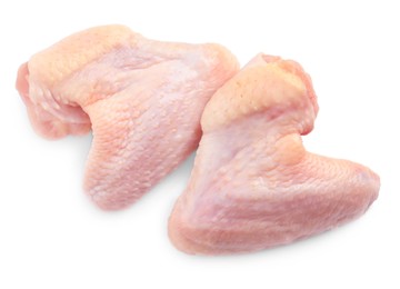 Raw chicken wings on white background, top view