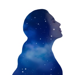 Universe hidden in human, mindfulness, imagination, art, creativity, inner power concepts. Silhouette of woman and starry sky or galaxy on white background, double exposure