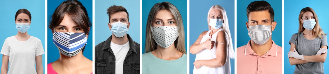 Collage with photos of people wearing protective face masks on light blue background. Banner design