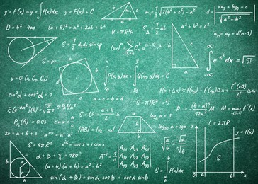 Many different math formulas written on chalkboard. Algebra and Geometry