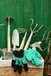 Photo of Basket with gardening gloves, tools and houseplant on table