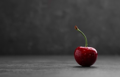 Delicious fresh sweet cherry with water drops on dark grey background