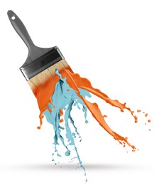 Brush with splashing orange and light blue paints on white background