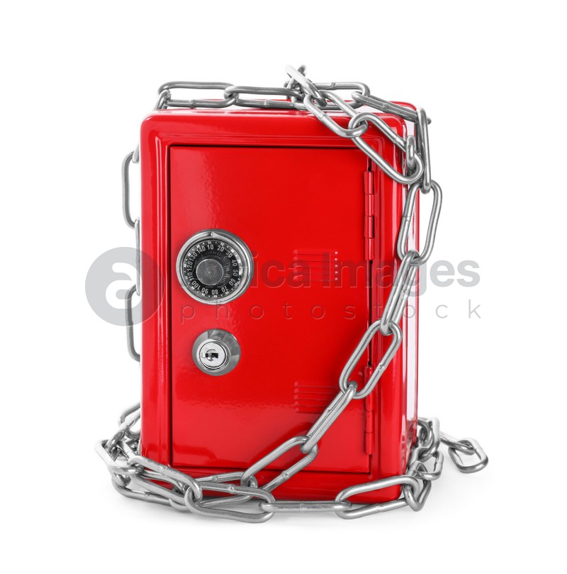 Red steel safe with chain isolated on white