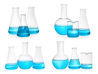 Different laboratory glassware with light blue samples on white background, collage