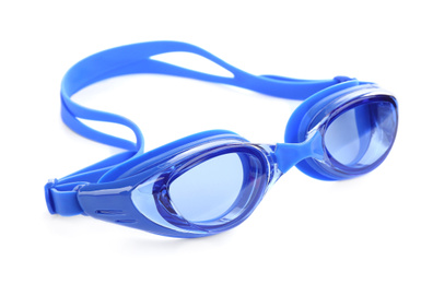 Blue swim goggles isolated on white. Beach object