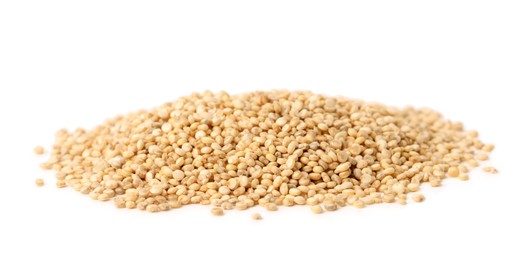 Photo of Pile of raw quinoa seeds on white background. Vegetable planting