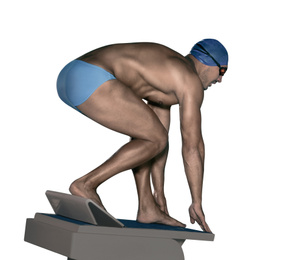 Young athletic man ready to jump into swimming pool against white background