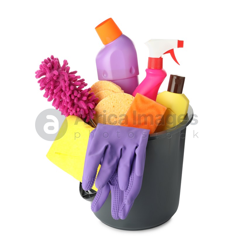 Black plastic bucket with different cleaning products isolated on white