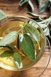 Cup of aromatic sage tea with fresh leaves on wooden table, closeup