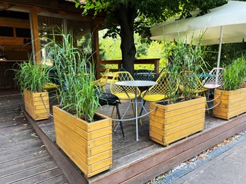 Beautiful outdoor cafe with modern furniture and potted plants