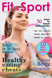Fit & Sport magazine cover design. Woman practicing yoga in gym