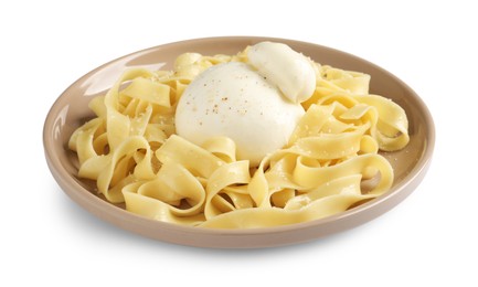 Delicious pasta with burrata cheese isolated on white