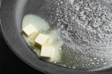 Photo of Melting butter in frying pan, closeup view