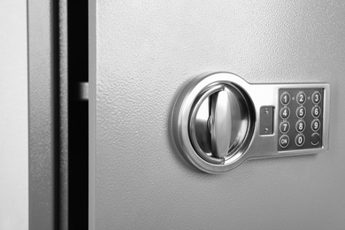 Grey steel safe with electronic lock, closeup