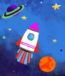 Illustration of Drawing of rocket in space. Child art