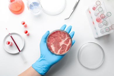 Scientist holding Petri dish with cultured meat above white lab table, top view