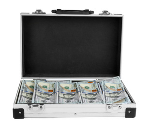 Open metal case full of money on white background