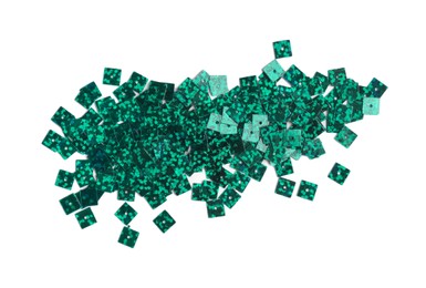 Pile of green sequins isolated on white, top view