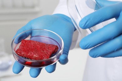 Scientist holding Petri dish with raw cultured meat in laboratory, closeup