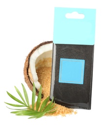 Scented sachet, coconut and brown sugar on white background