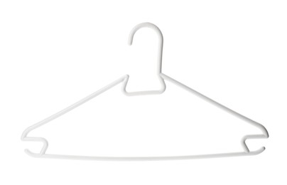 Empty plastic hanger isolated on white. Wardrobe accessory