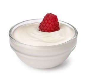 Bowl of delicious yogurt with raspberry isolated on white