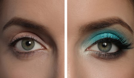 Closeup view of beautiful young woman with and without makeup, collage. Eye shadow product