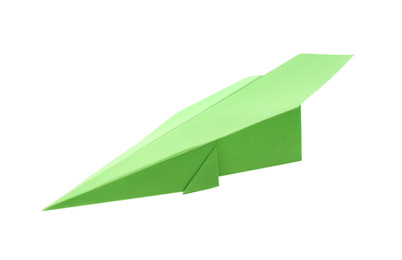 Handmade green paper plane isolated on white