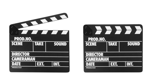 Two clapper boards on white background. Cinema production