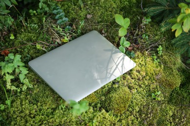 Laptop on green grass in forest. Distance work