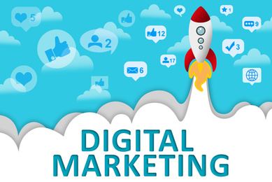 Digital marketing strategy. Illustration of rocket and different icons on color background