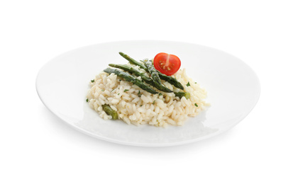 Photo of Delicious risotto with asparagus and tomato isolated on white