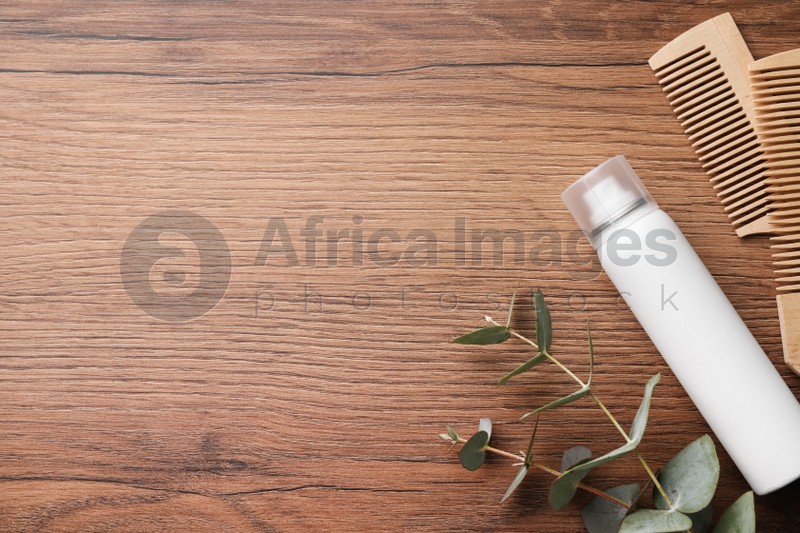 Photo of Dry shampoo spray, eucalyptus branches and combs on wooden table, flat lay. Space for text