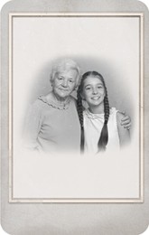Old picture of cute girl with her grandmother. Portrait for family tree