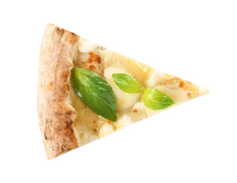Photo of Slice of tasty cheese pizza with basil isolated on white, top view